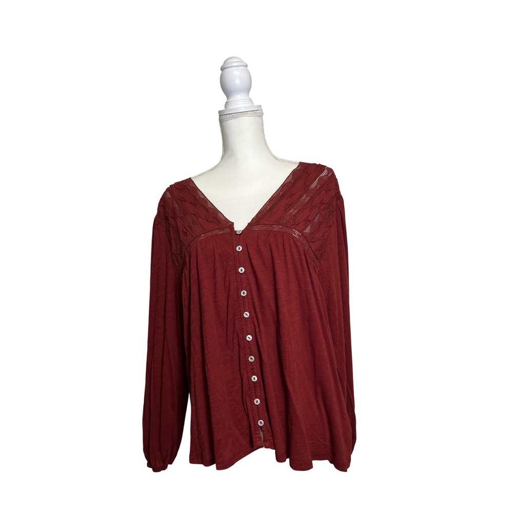 Lucky Brand Women's Red Long Sleeve Blouse with Lace Shoulders Size XXL